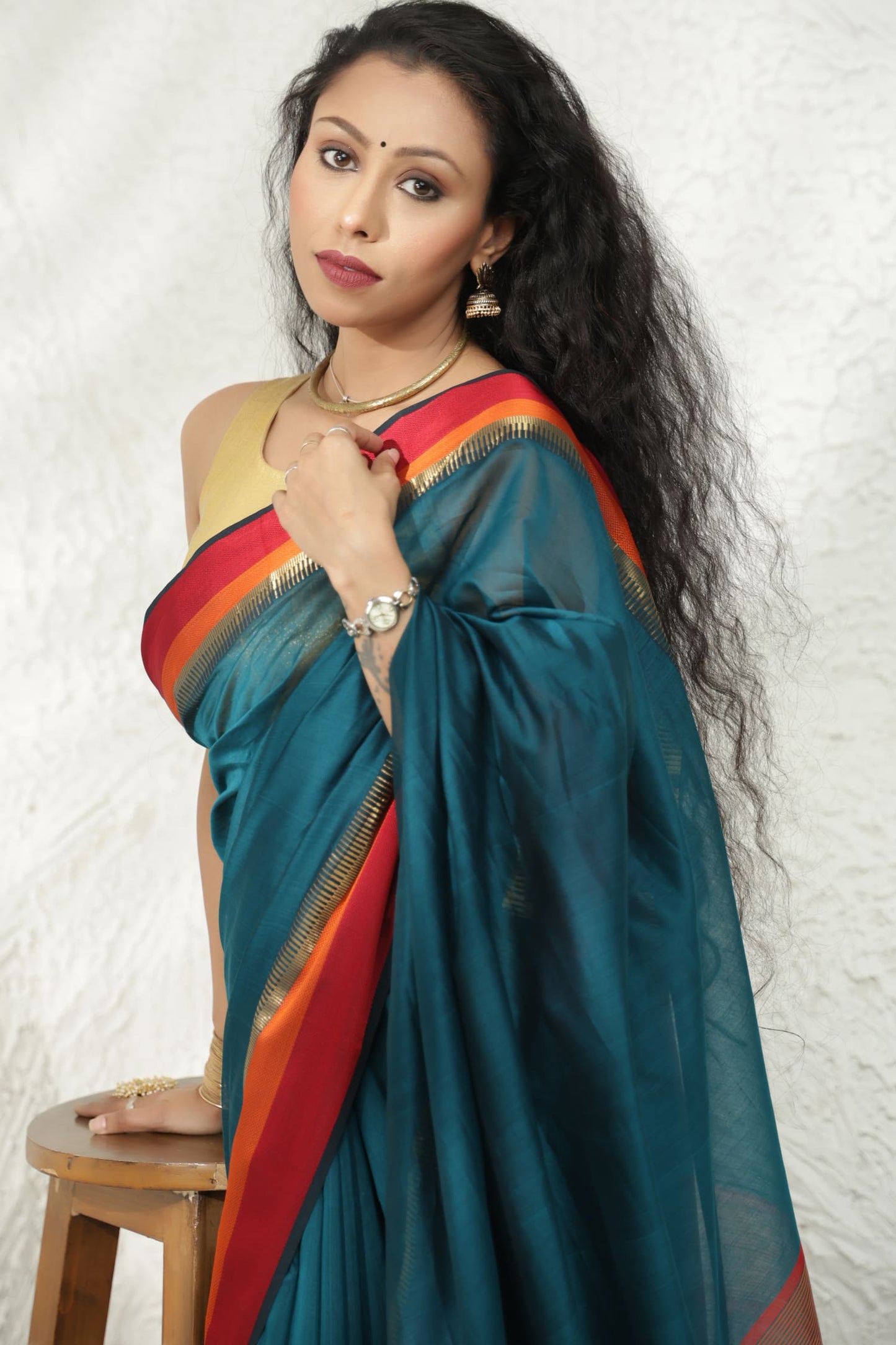 Teal blue Maheshwari silk saree