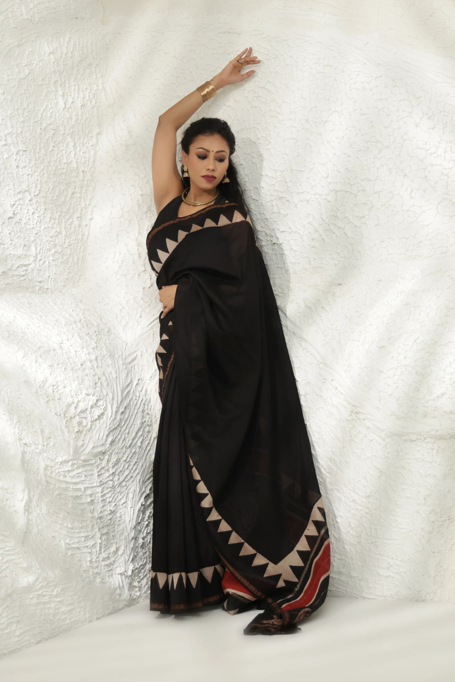 Black block print Chanderi Silk saree