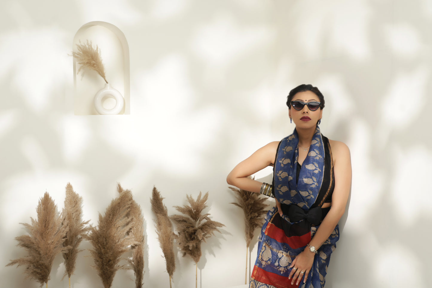 Blue block print Chanderi silk saree