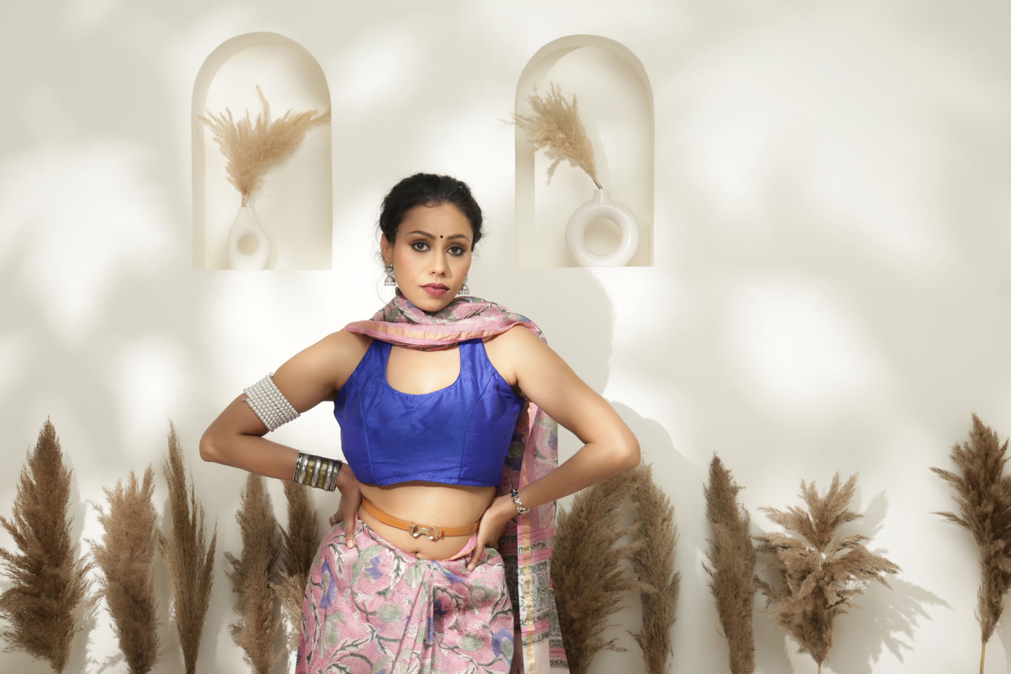 Pink Block print Maheshwari saree
