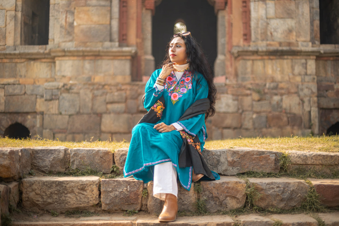 Embroided Teal blue Kashmiri Pheran