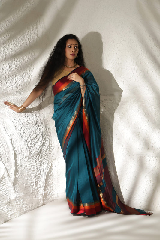 Teal blue Maheshwari silk saree