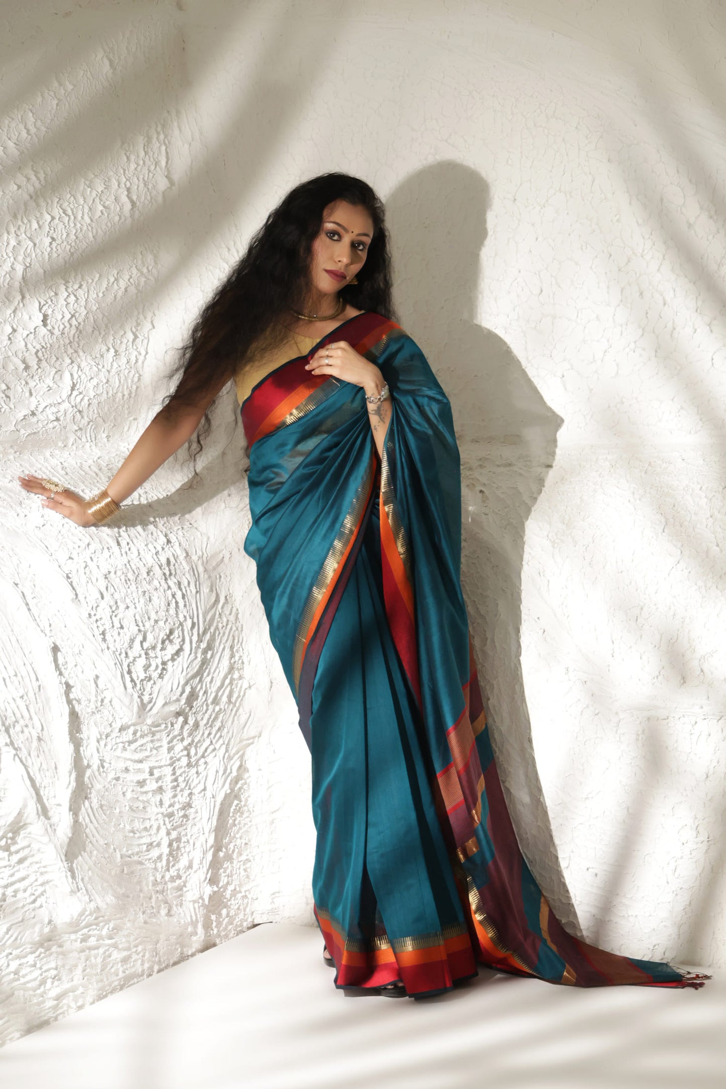 Teal blue Maheshwari silk saree
