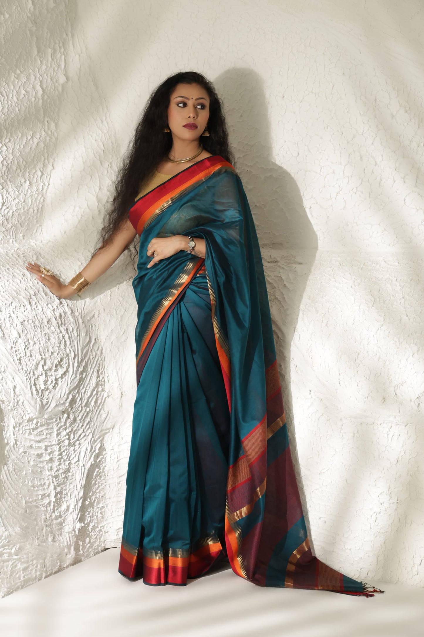 Teal blue Maheshwari silk saree