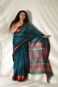 Teal blue Maheshwari silk saree