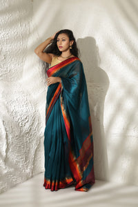 Teal blue Maheshwari silk saree