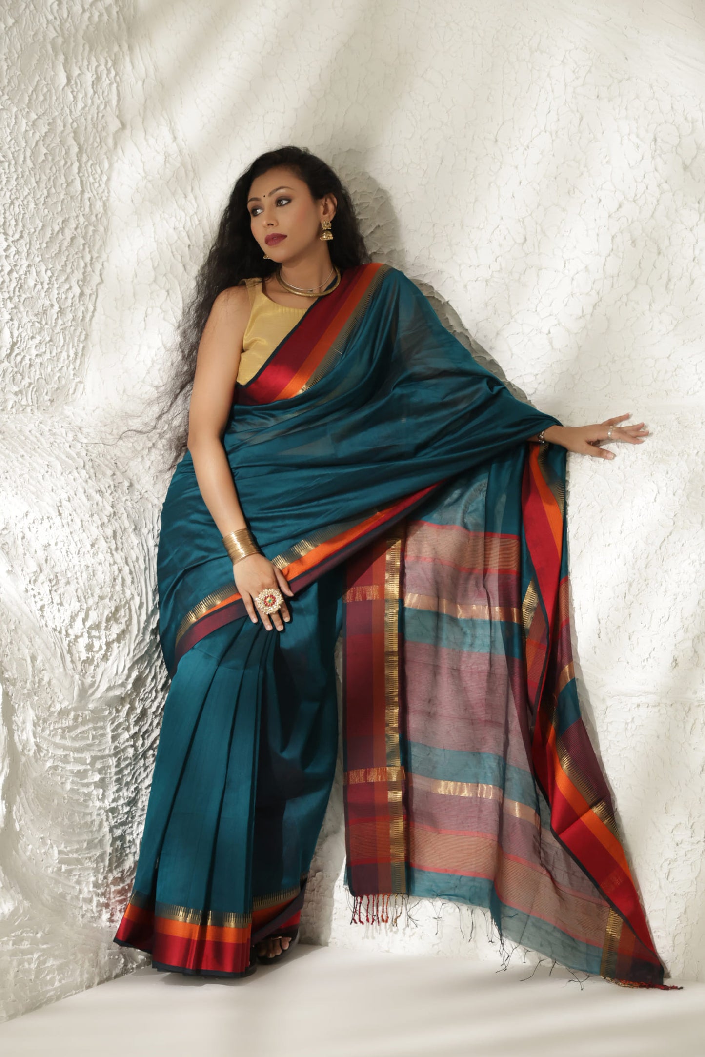 Teal blue Maheshwari silk saree