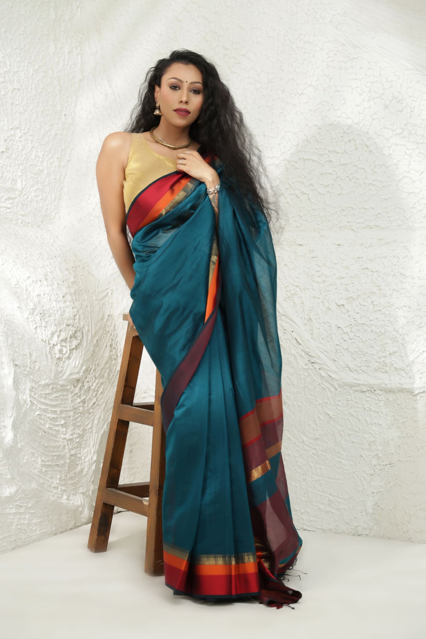Teal blue Maheshwari silk saree