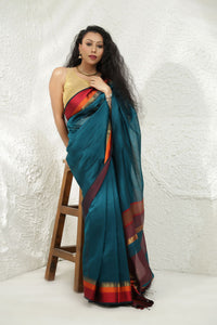 Teal blue Maheshwari silk saree
