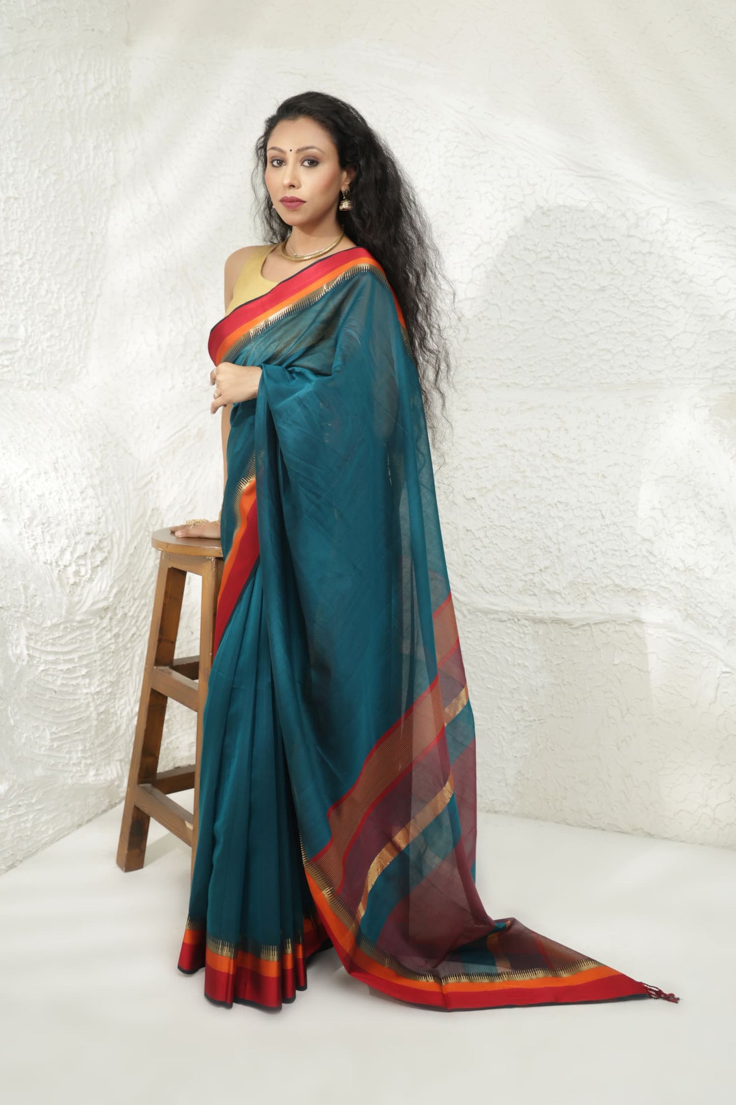 Teal blue Maheshwari silk saree