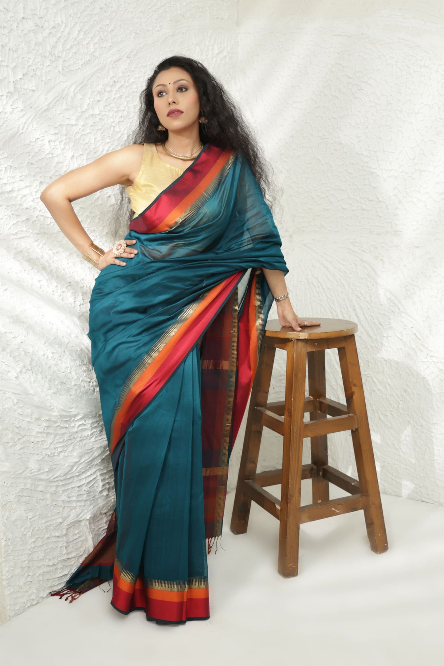 Teal blue Maheshwari silk saree