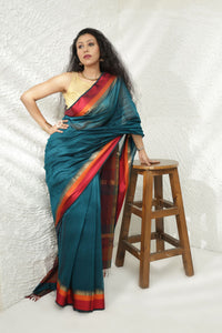 Teal blue Maheshwari silk saree