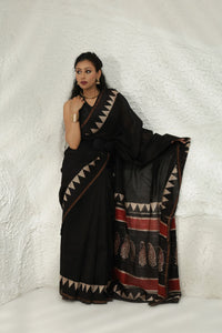 Black block print Chanderi Silk saree