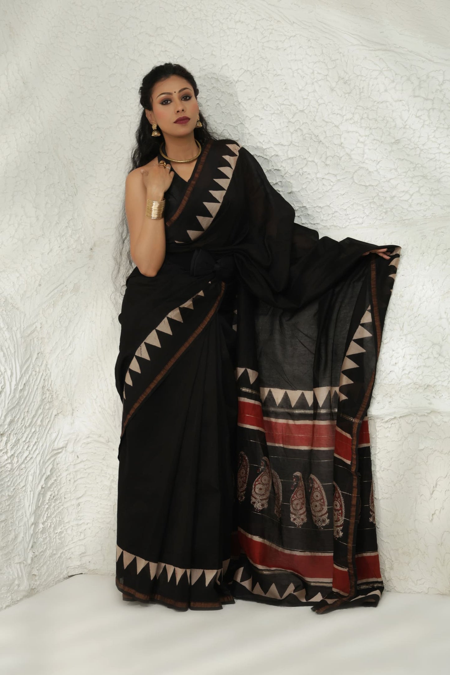 Black block print Chanderi Silk saree