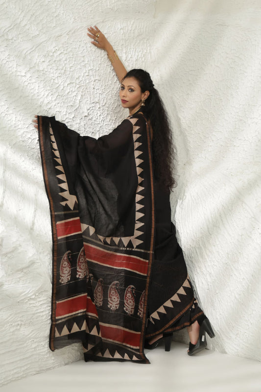 Black block print Chanderi Silk saree