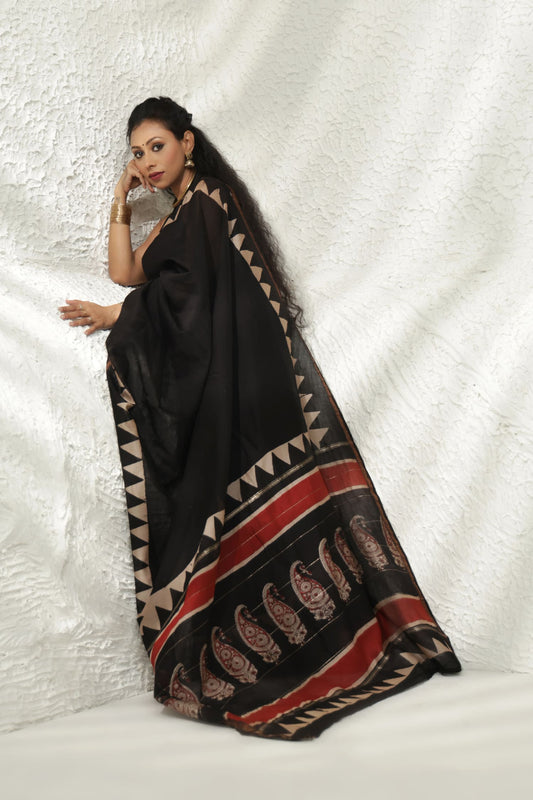 Black block print Chanderi Silk saree