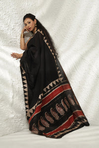 Black block print Chanderi Silk saree