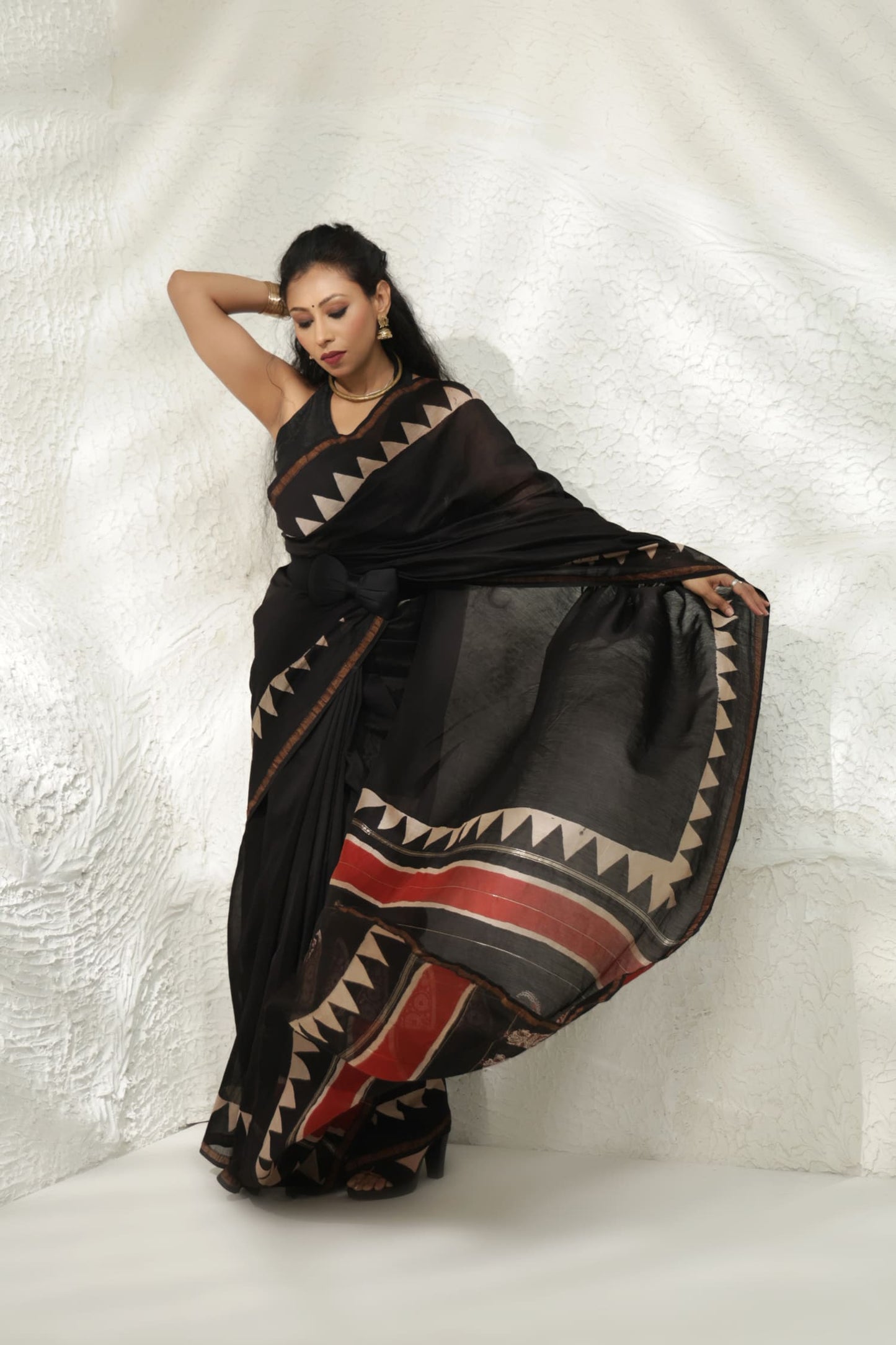 Black block print Chanderi Silk saree