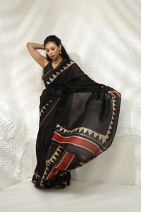 Black block print Chanderi Silk saree