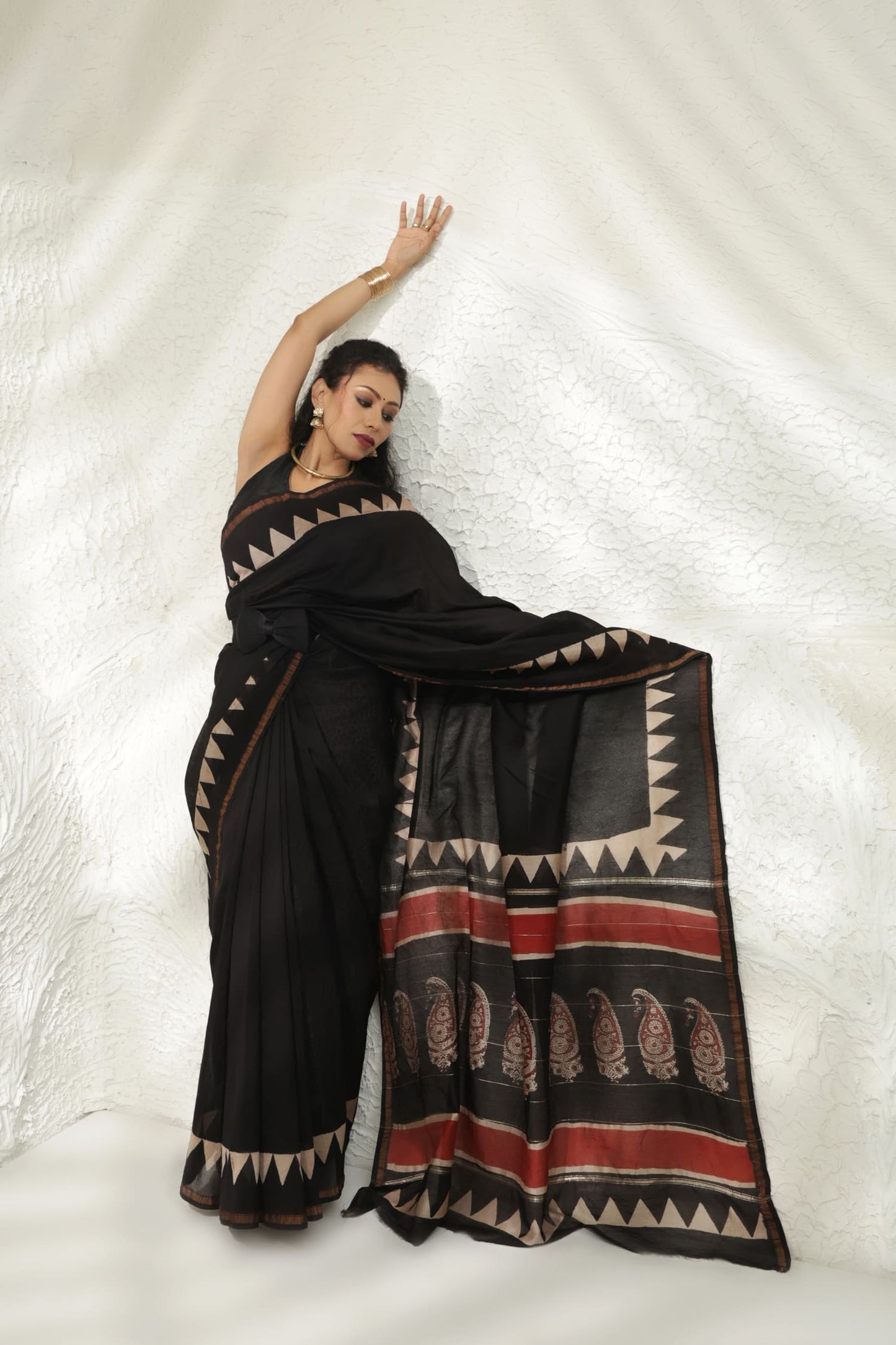 Black block print Chanderi Silk saree