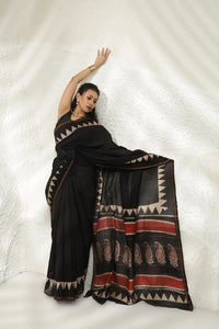 Black block print Chanderi Silk saree