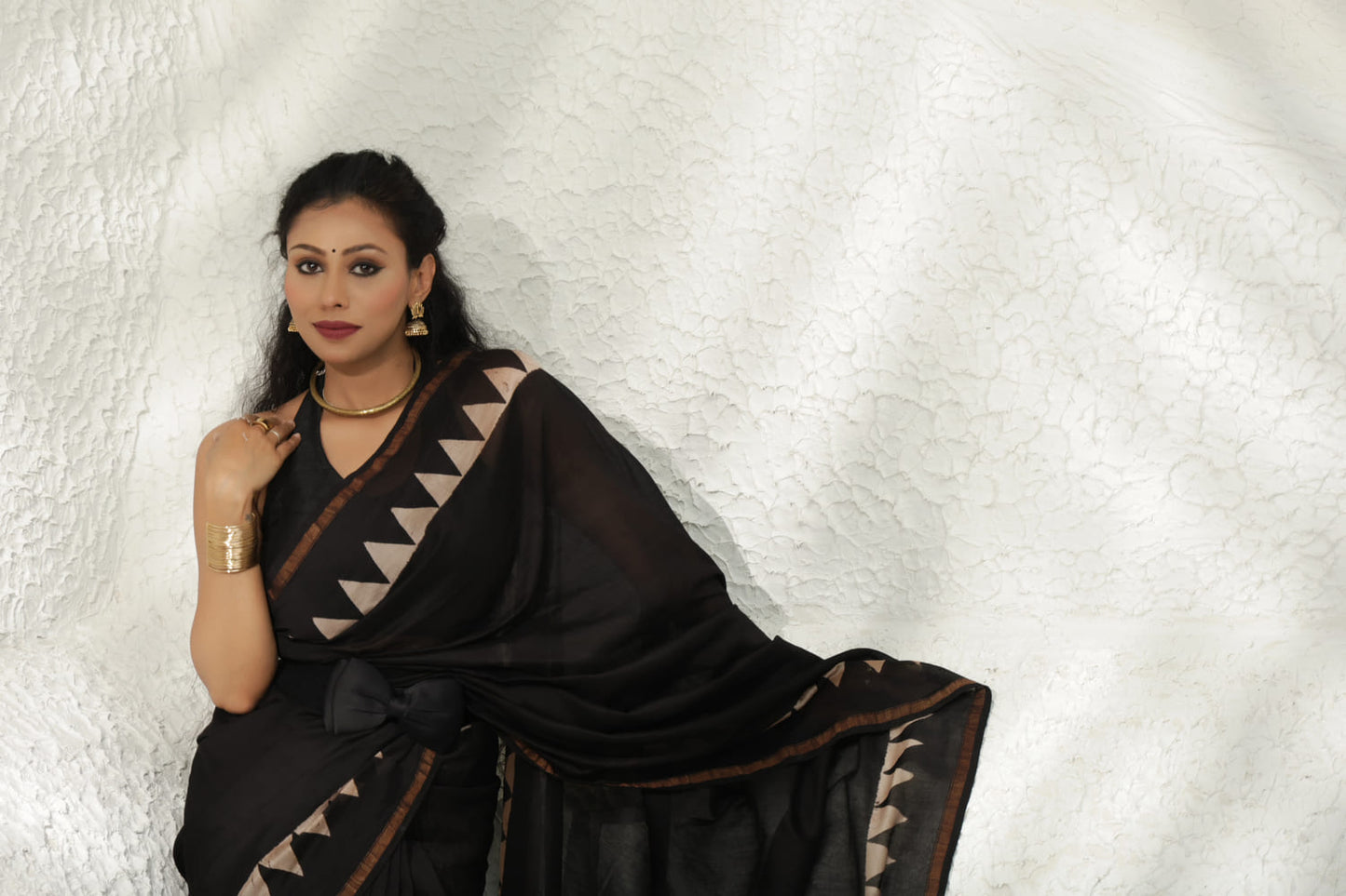 Black block print Chanderi Silk saree