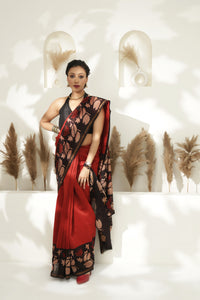 Maroon block print Chanderi silk saree