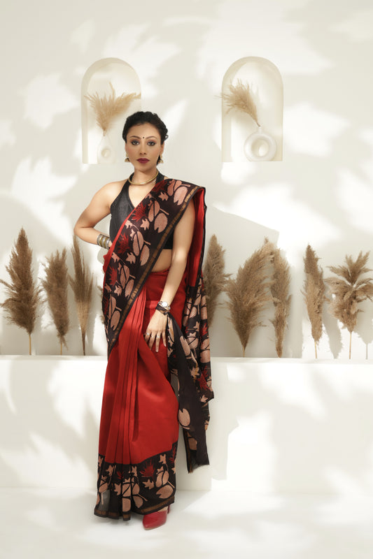 Maroon block print Chanderi silk saree