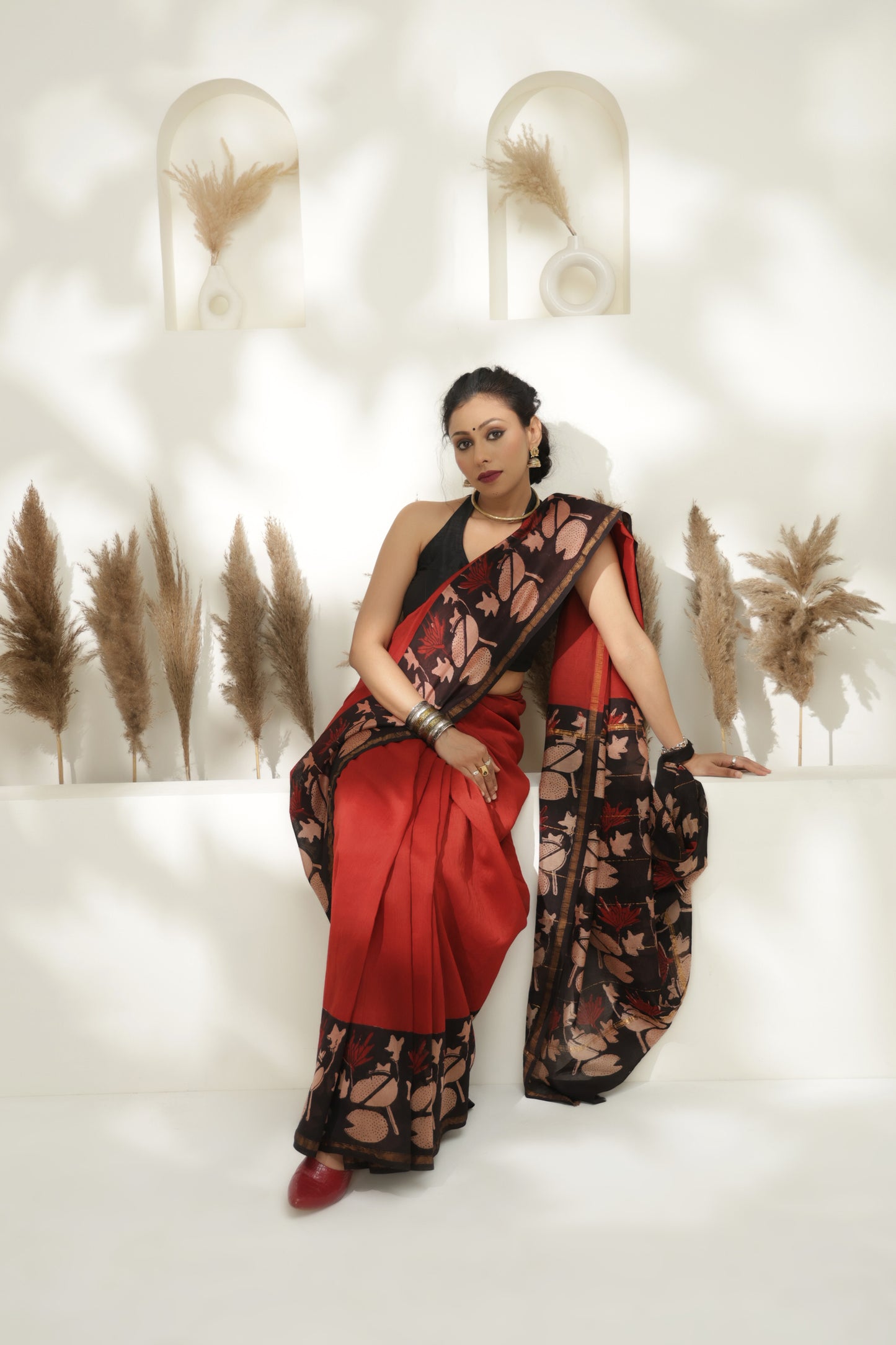 Maroon block print Chanderi silk saree