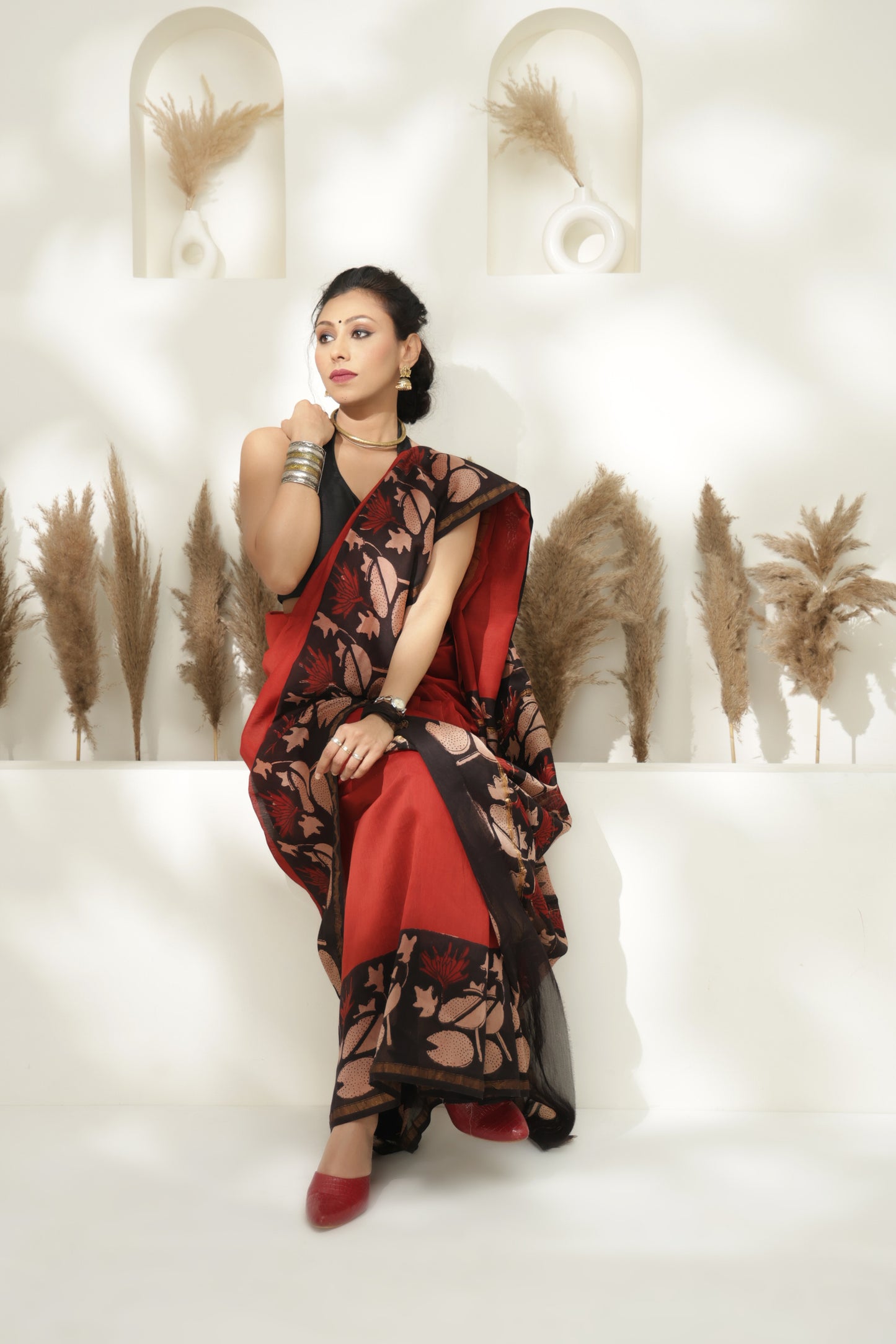 Maroon block print Chanderi silk saree