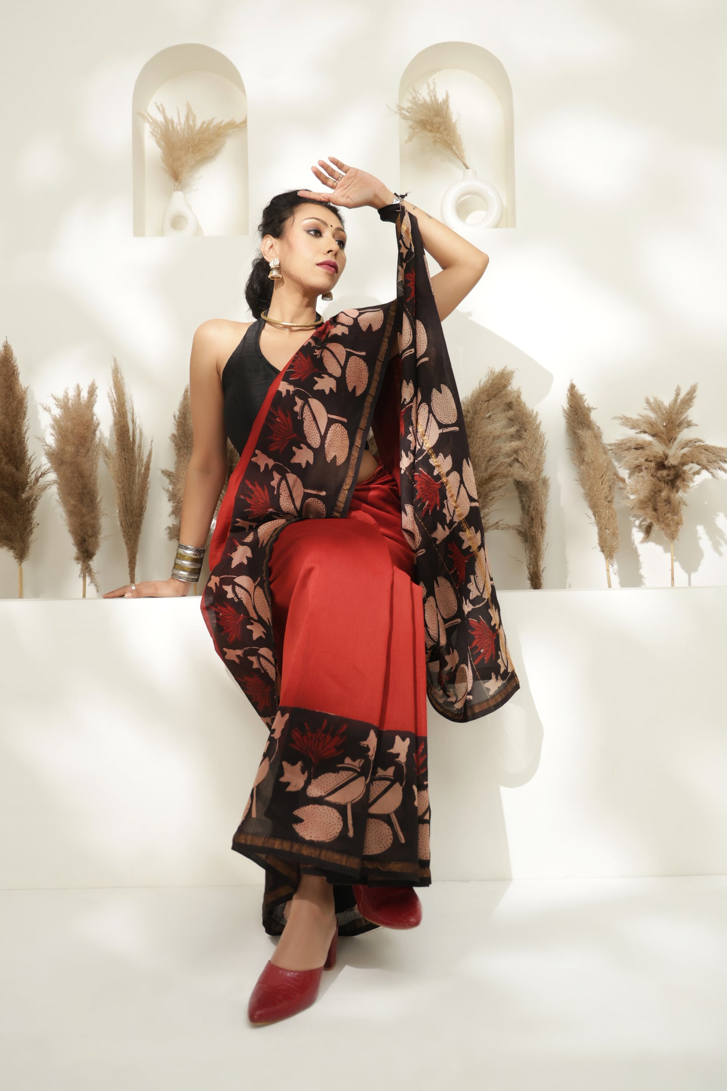 Maroon block print Chanderi silk saree
