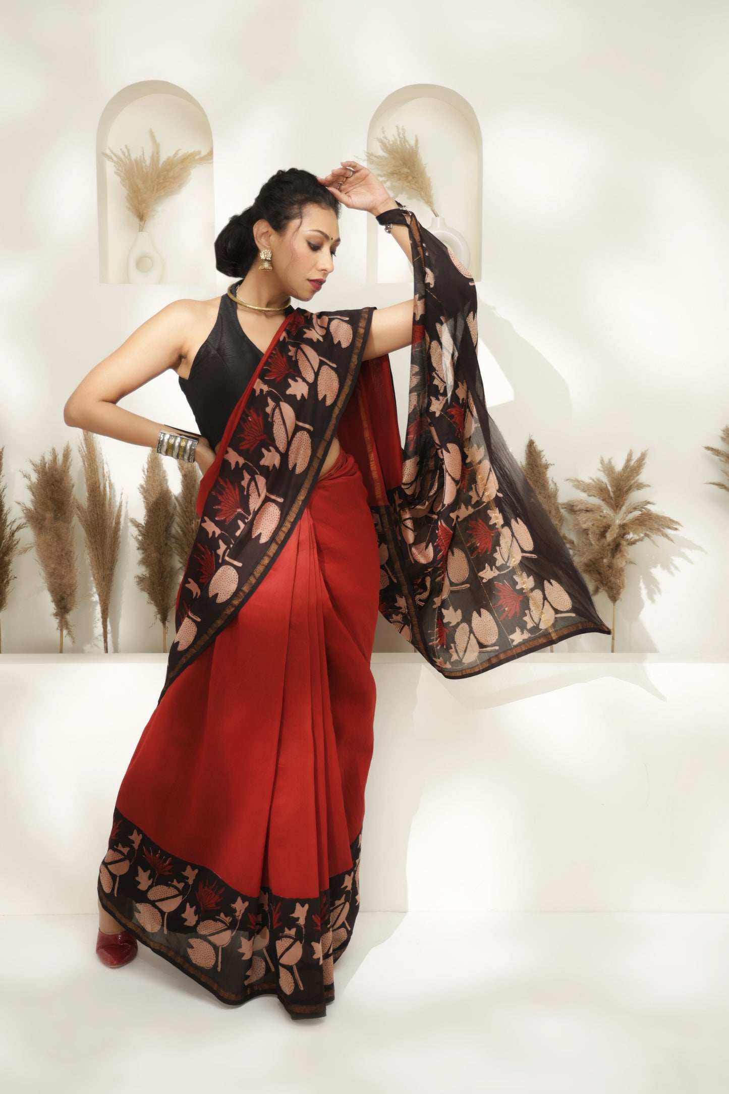 Maroon block print Chanderi silk saree
