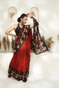 Maroon block print Chanderi silk saree