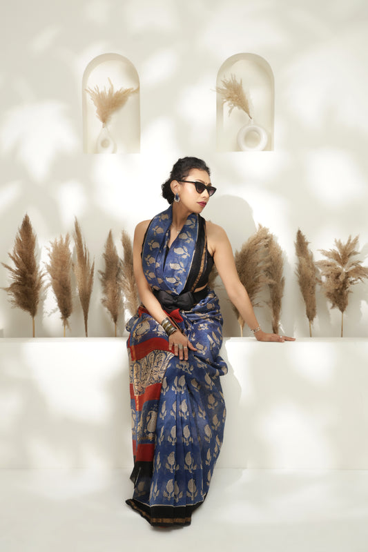 Blue block print Chanderi silk saree