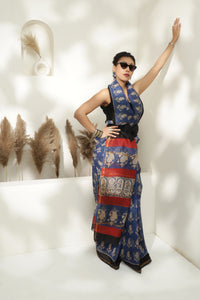 Blue block print Chanderi silk saree