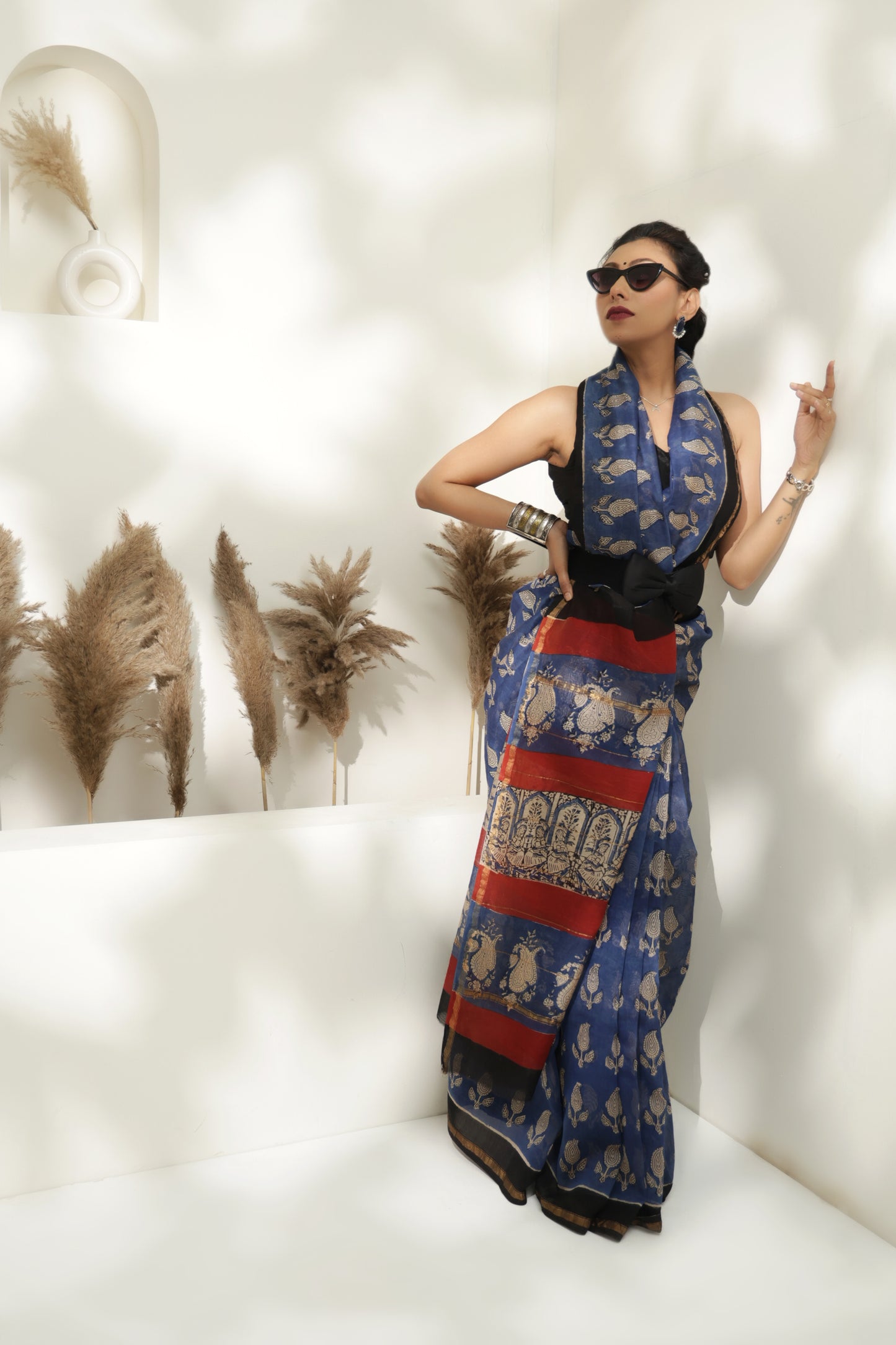 Blue block print Chanderi silk saree