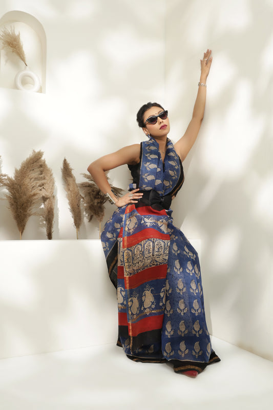 Blue block print Chanderi silk saree