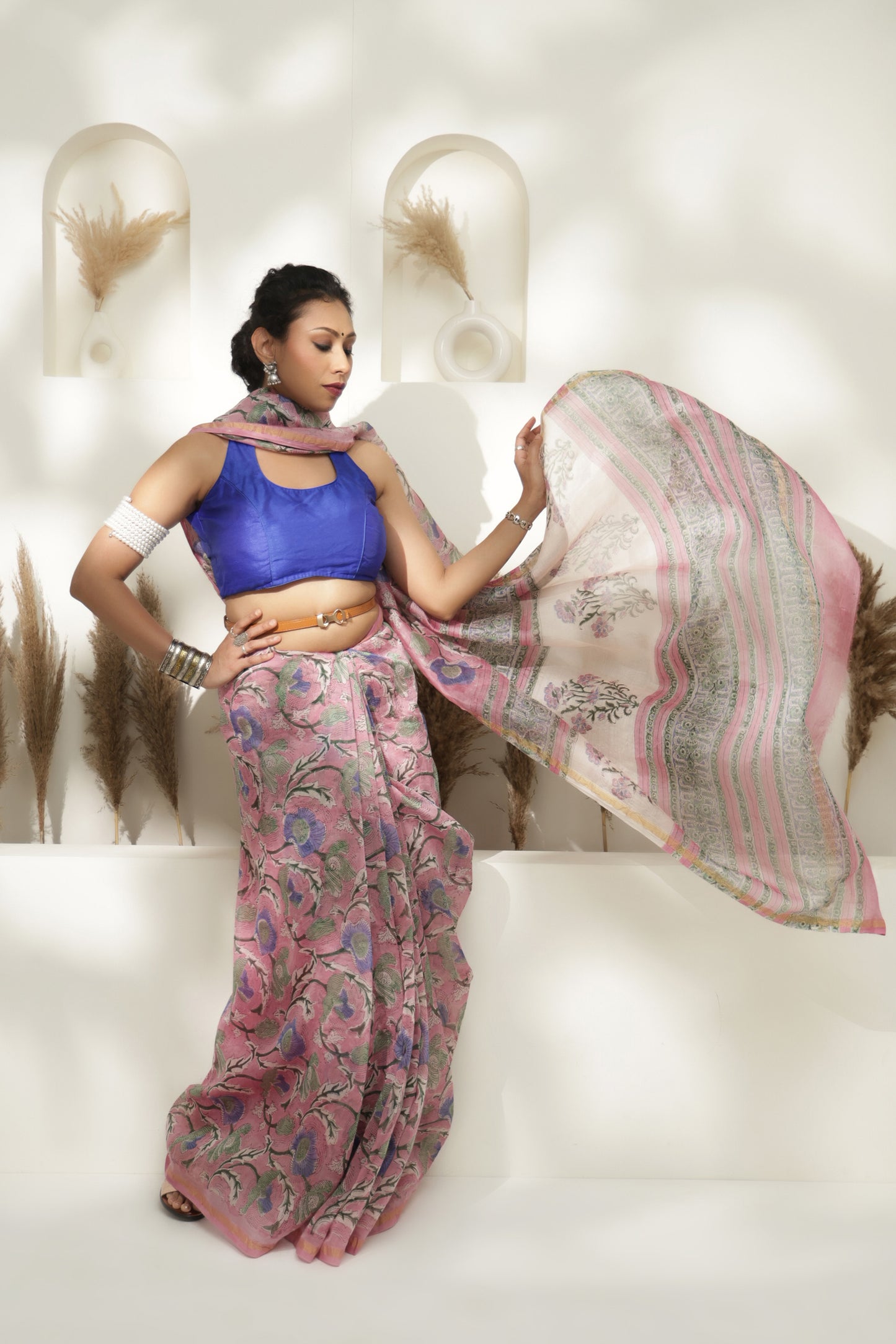Pink Block print Maheshwari saree