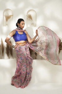Pink Block print Maheshwari saree