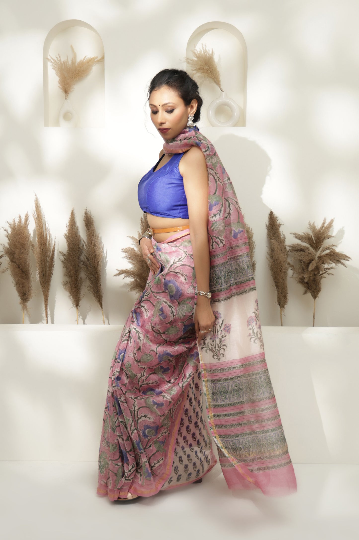 Pink Block print Maheshwari saree