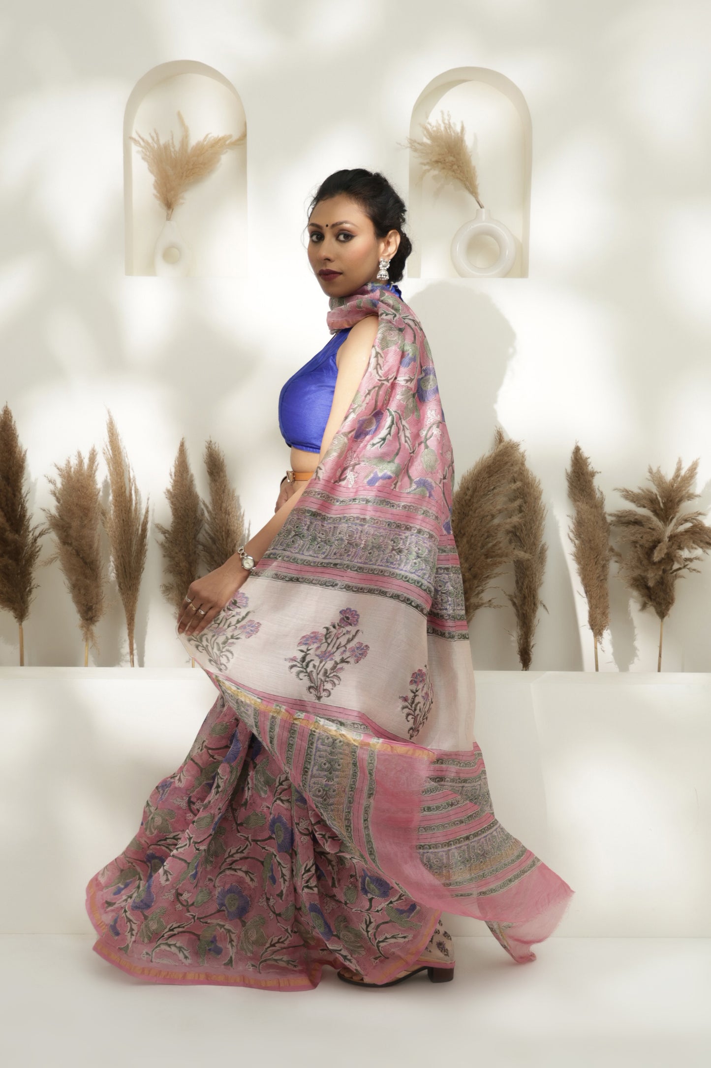 Pink Block print Maheshwari saree