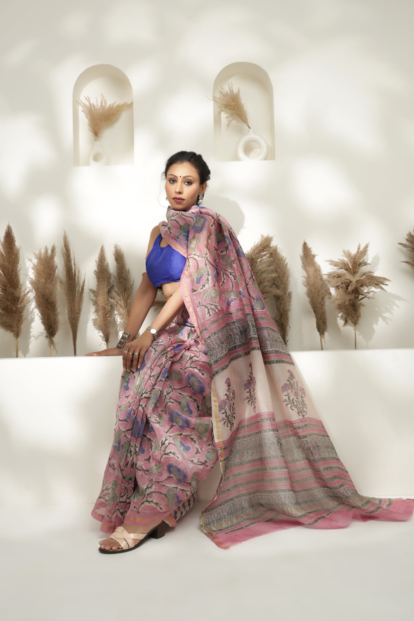 Pink Block print Maheshwari saree