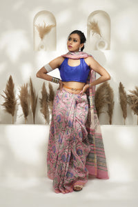Pink Block print Maheshwari saree