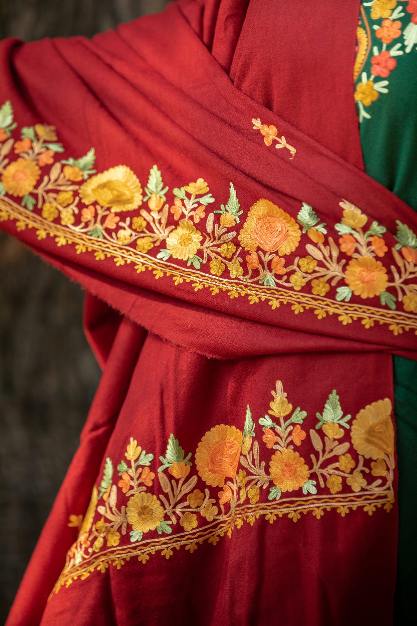 Maroon stole with Kashmiri embroidery