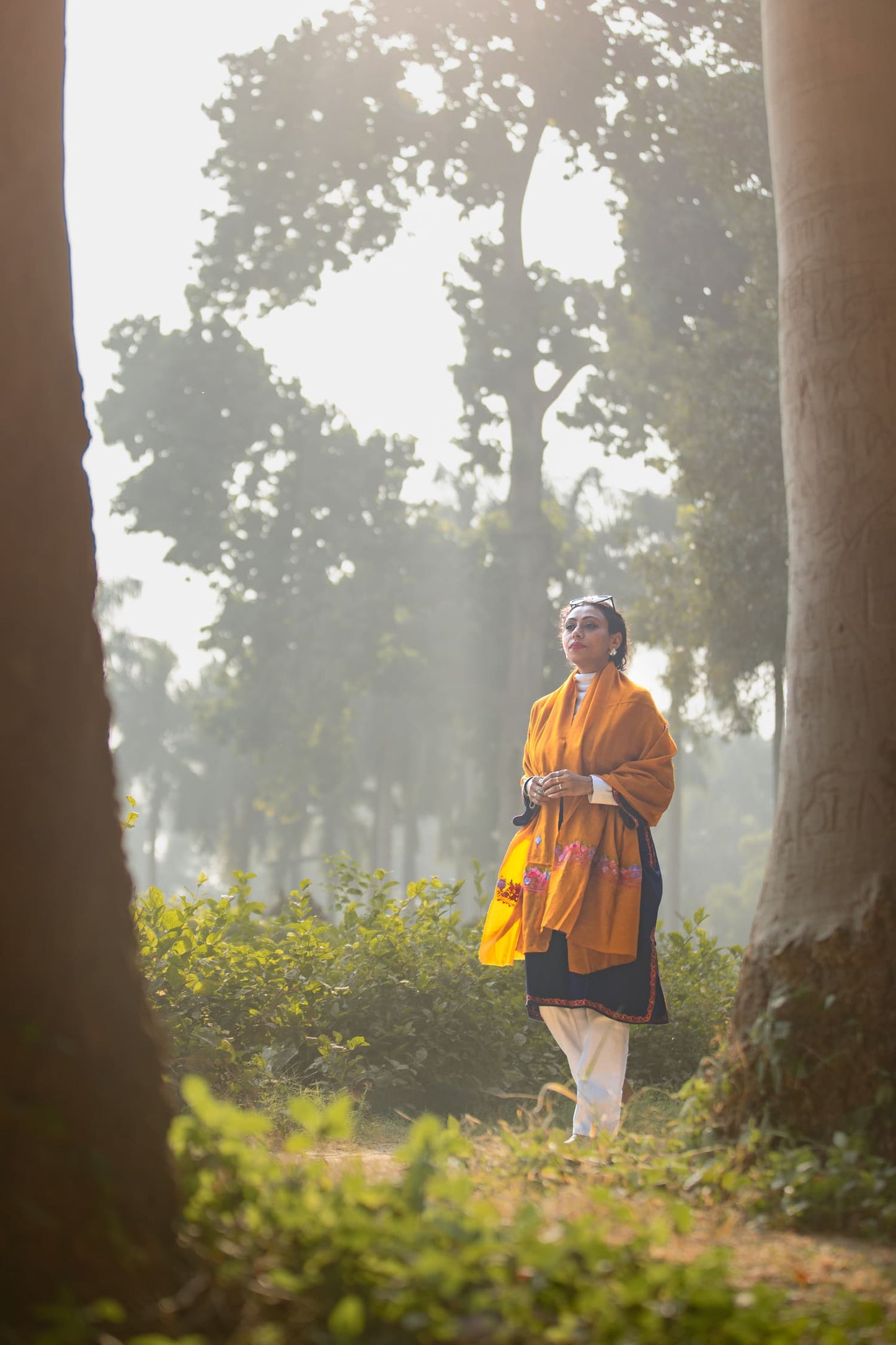 Mustard coloured Stole with Kashmiri embroidery