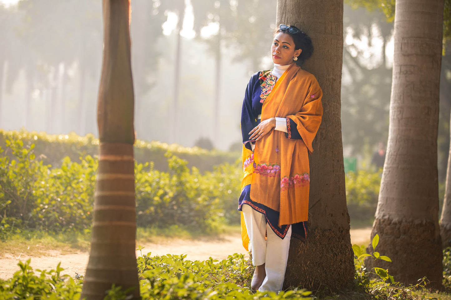 Mustard coloured Stole with Kashmiri embroidery