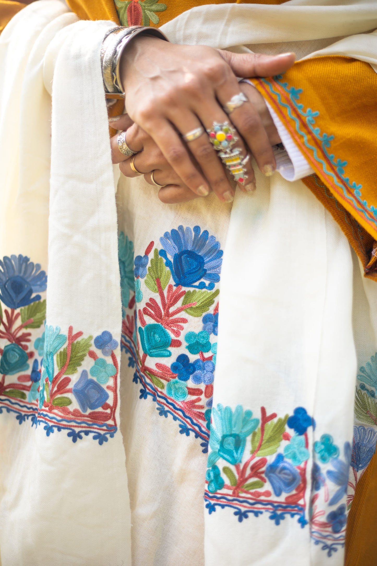 Pure white stole with Kashmiri embroidery