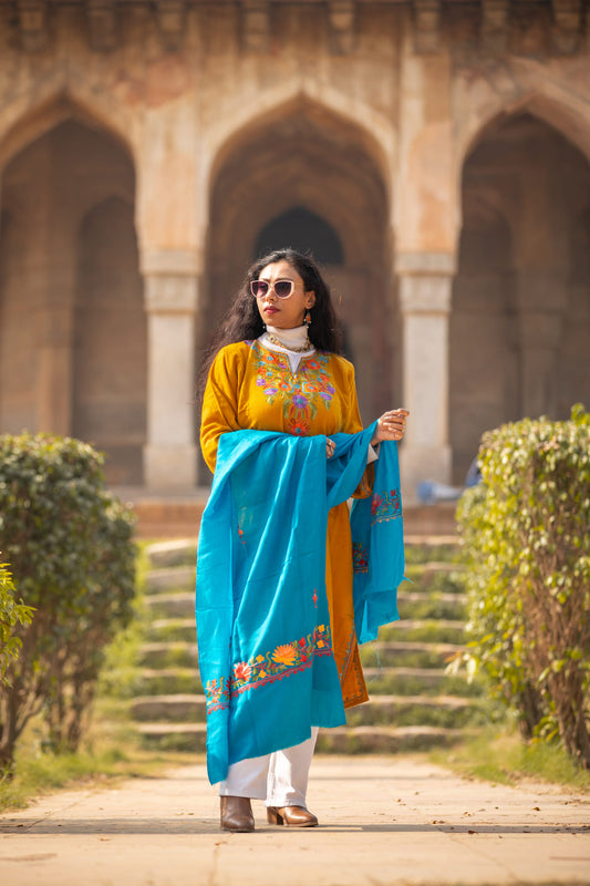 Aqua-blue coloured Stole with Kashmiri embroidery