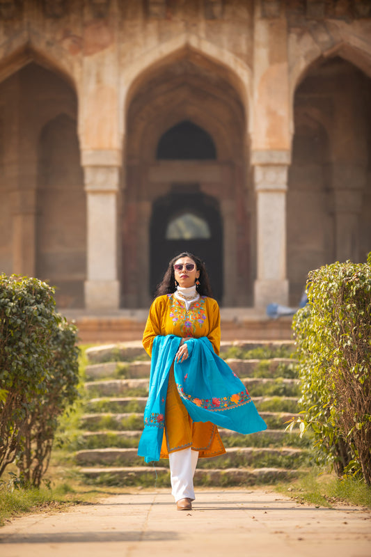 Aqua-blue coloured Stole with Kashmiri embroidery