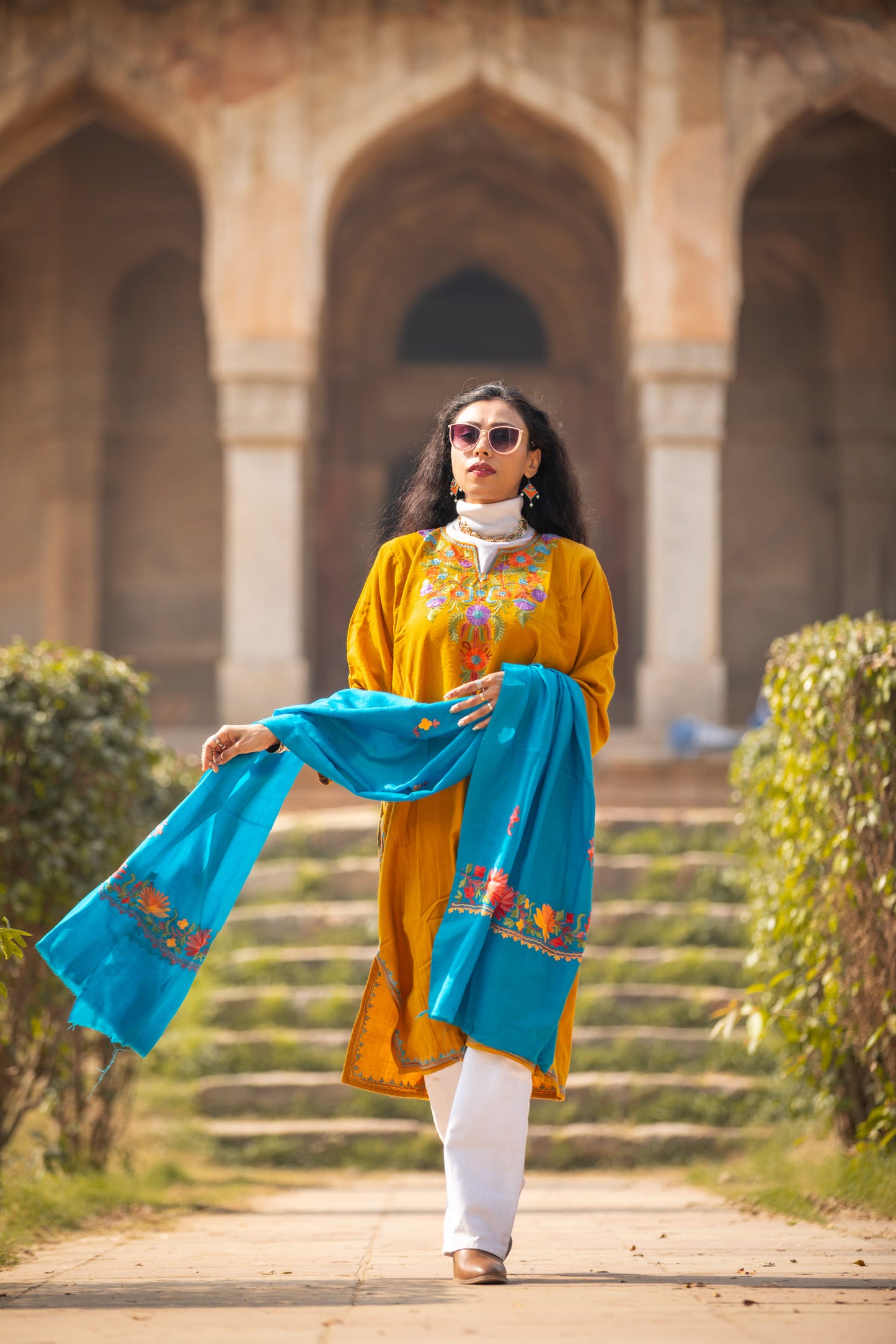 Aqua-blue coloured Stole with Kashmiri embroidery